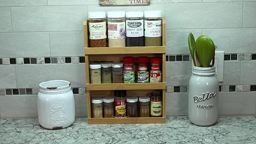 Lipper International Bamboo Wood 3-Tier Spice Rack 8840 - Space Saving 12" x 2.3" Vertical Storage for Spices or Craft Supplies - Attached Ring Hangers, Easy Hand Wash Maintenance