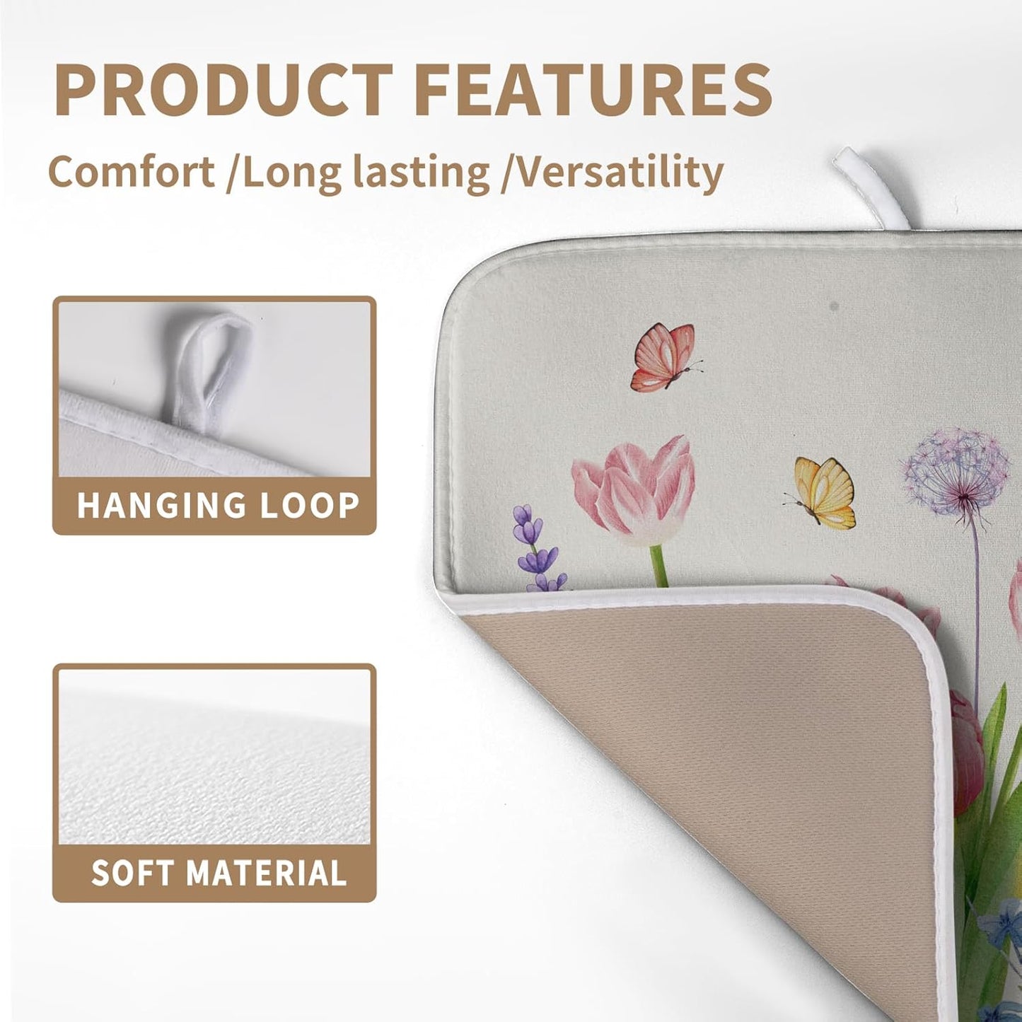 Spring Floral Dish Drying Mat Tulip Lavender Flower Dishes Pad Absorbent Microfiber Dish Draining Mat Washable Medium Dish Drainer Rack Mats for Kitchen Counter 16"x18"