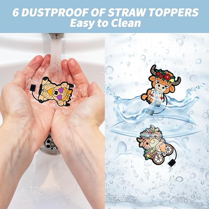 6 Pack Straw Toppers Compatible with Stanley Cup 40 oz Tumbler, Reusable Dust-Proof Silicone Highland Cow Straw Cover Caps - Western Style Water Bottle Accessories & Gifts for Her