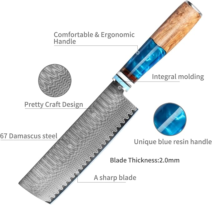 Kuwata Nakiri Chef Knife, Japanese VG10 Damascus Steel Professional Kitchen Chefs Cooking Knife, Nakiri Knife G10 Ergonomic Blue Handle with Gift Box