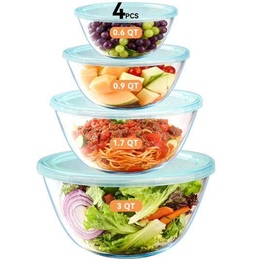 YUANYE 4 Pack Glass Mixing Bowls with Lids Set (3/1.7/0.9/0.6QT),Thick Glass Large Salad Bowl Set, Nesting Kitchen Bowls for Serving, Prepping, Cooking and Baking, Dishwasher, Oven,Microwave Safe