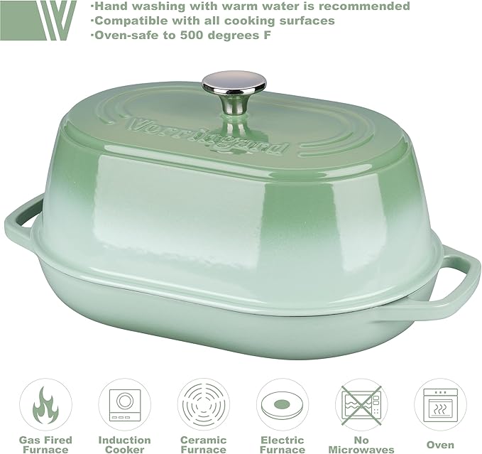 Enameled Cast Iron Dutch Oven Pot with Dome Lid, Oval Bread Oven for Homemade Sourdough Bread Baking, Oven Safe up to 500°F, 6 Quart, Green