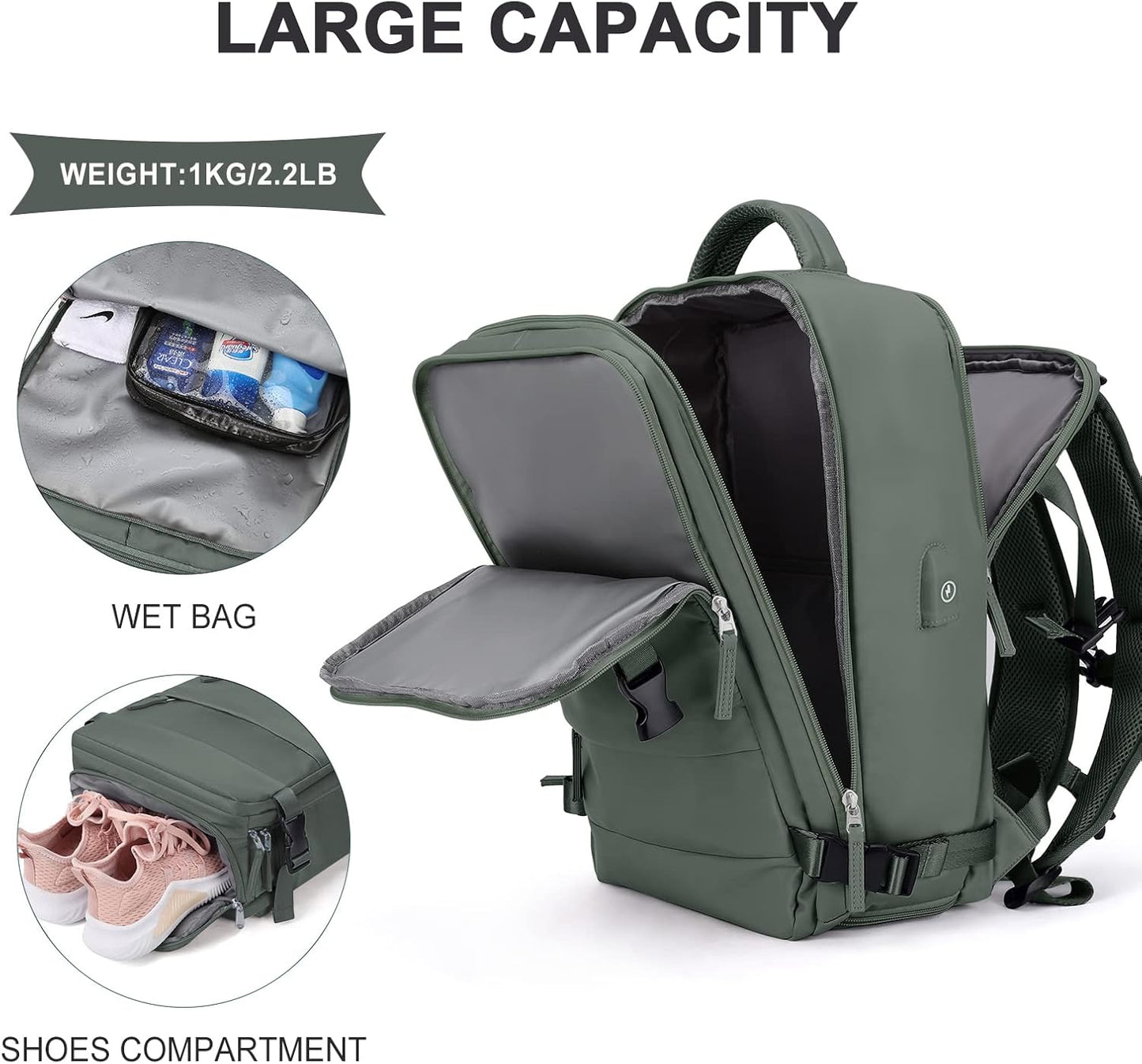 coowoz Travel Backpack For Women Men,Carry On Backpack,Hiking Backpack Waterproof Outdoor Sports Rucksack Casual Daypack Travel Essentials(Olive Green)