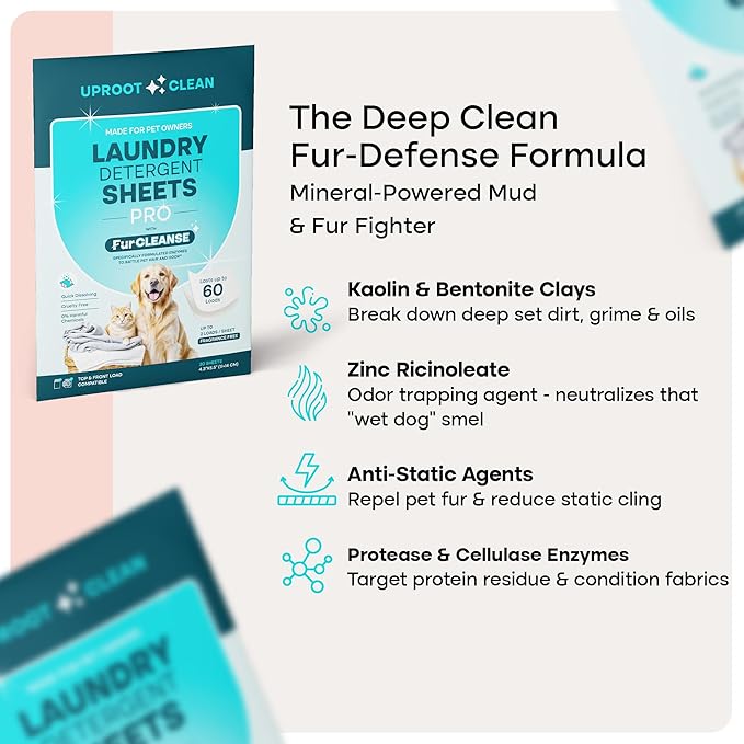Uproot Clean Laundry Sheets Pro - 30 Pack - Fragrance-Free: Mineral-Powered Laundry Detergent Sheets Travel Pack - Eliminate Clinging Fur, Pet Odors, & Messy Residue - Up to 60 Loads
