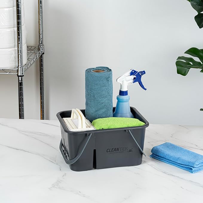 Restaurantware-Clean Tek Professional Cleaning Caddy, 1 Cleaning Supply Caddy With Handle - 4 Compartment, Multipurpose, Gray Plastic, All-Purpose, For Bathroom, Bedroom, Kitchen, Or Garden
