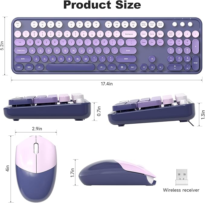 Wireless Keyboard and Mouse Combo, 104 Keys Full-Size Typewriter Keyboards, 2.4 GHz USB Receiver Plug and Play for Windows 7 8 10 11, PC, Laptop, Desktop (Purple)