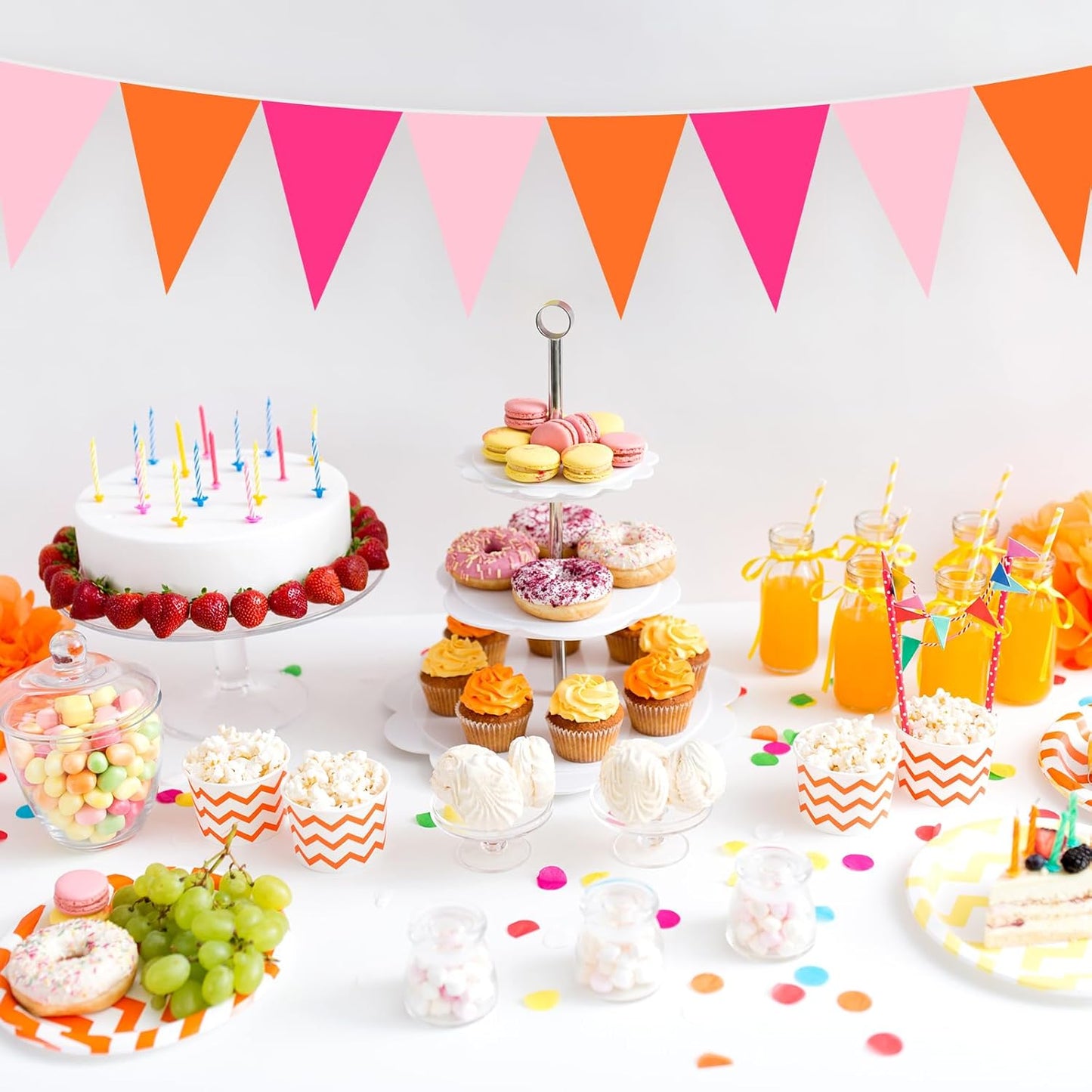 Pasimy 49.21 ft 60 Pieces Pink and Orange Party Pennant Banner Flags Decorations String Triangle Flags for Birthday Baby Shower Carnival Movie Witch Crown Pink Halloween Party Supplies