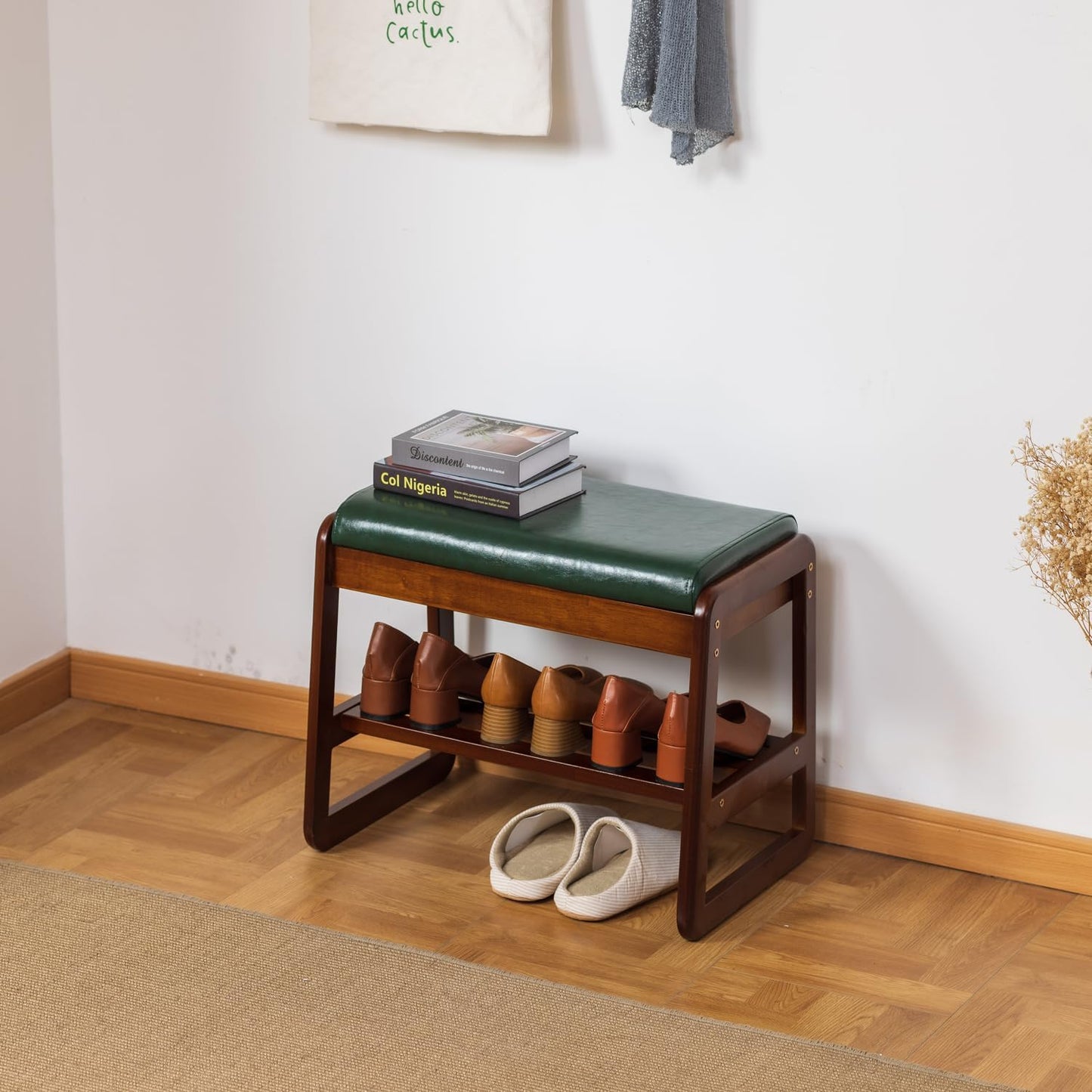latifolia Shoe Rack Bench, Entryway Shoe Bench with Cushion, Flip-Open Storage Compartment, 2-Tier Shoe Organizer(Green,21.65''L)