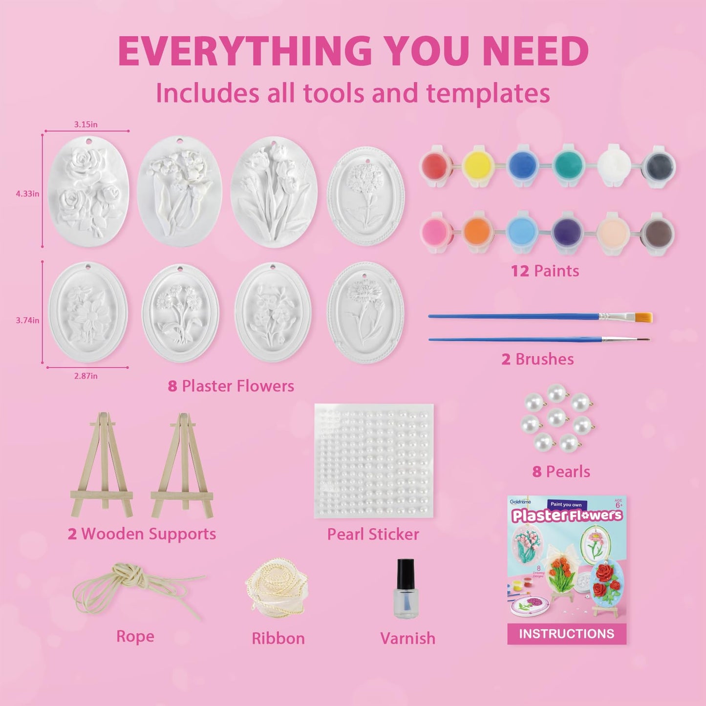 Plaster Painting Kit for Kids & Adults with 3D Ready-to-Paint Ceramic Flowers, 12 Paints, Pearl Stickers & More Bulk Party Favors Birthday Mother’s Day Gifts Home Decor