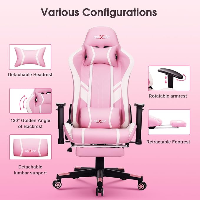 Douxlife Computer Gaming Chair with Footrest, Height Adjustable Game Chair for Adults 360°-Swivel Seat and Headrest and for Office or Gaming, Racing Style Pink and White
