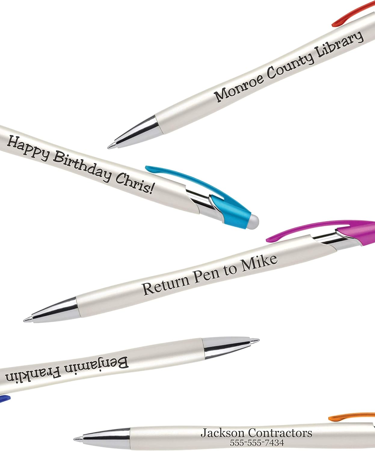 ExpressDesigns™ - Custom Pens with Stylus - The Pearl - Personalized Metallic Printed Name Pens with Black Ink - Imprinted with Logo or Message - Great Gift Ideas - 12 pack (Silver)