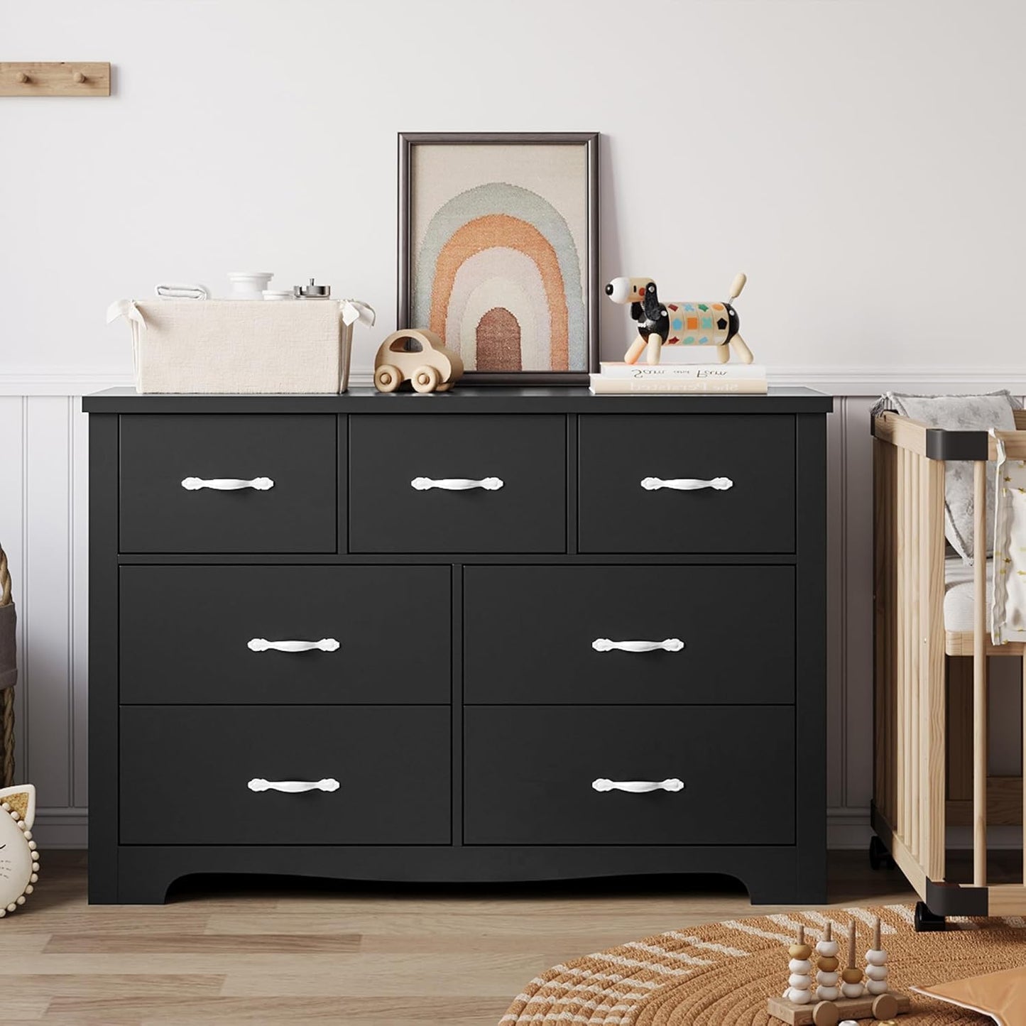 LINSY HOME 7 Drawers Dresser for Bedroom, 47" Wide Rustic Wood Dressers & Chests of Drawers, Modern Storage Dresser with Antique Handles for Closet, Living Room, Hallway, Black