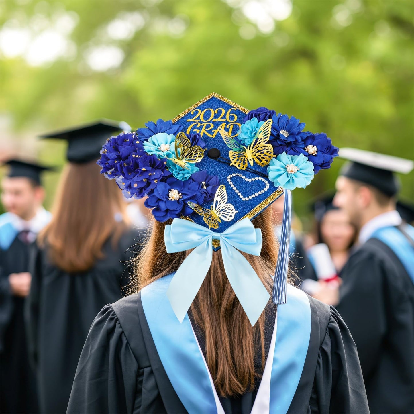 Graduation Cap Decorations Kit 2026 DIY Cap Decorations 36PCS Included Fake Flowers Heads Bow 3D Butterfly Self Adhesive Rhinestones Stickers Alphabet Letter Stickers for Grad Party Decor, Blue