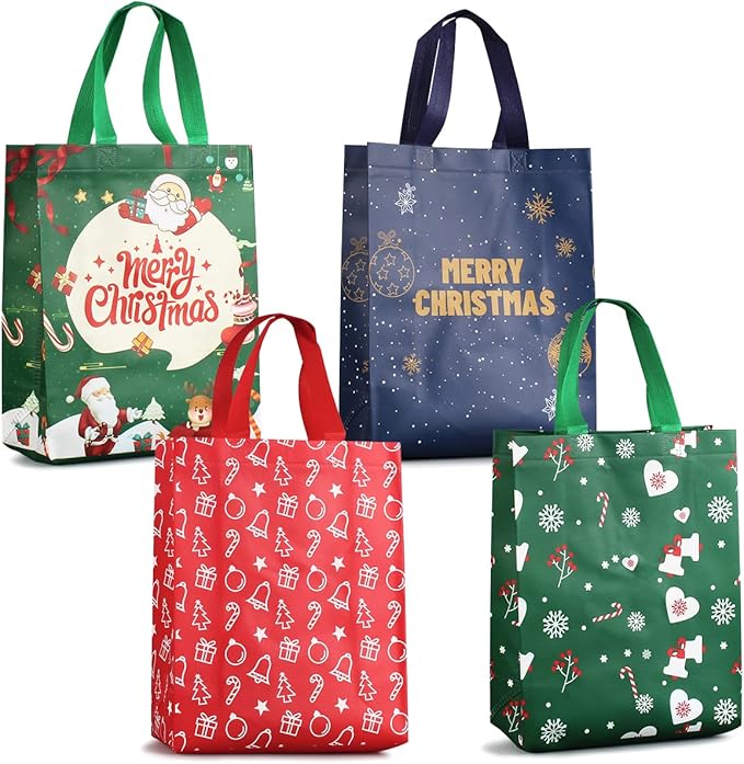 4 PACK Christmas Gift Tote Treat Bags with Handles, Multifunctional Non-Woven Christmas Bags for Gifts Wrapping Shopping, Xmas Party Supplies, 12.2"×9.8"×4.53"