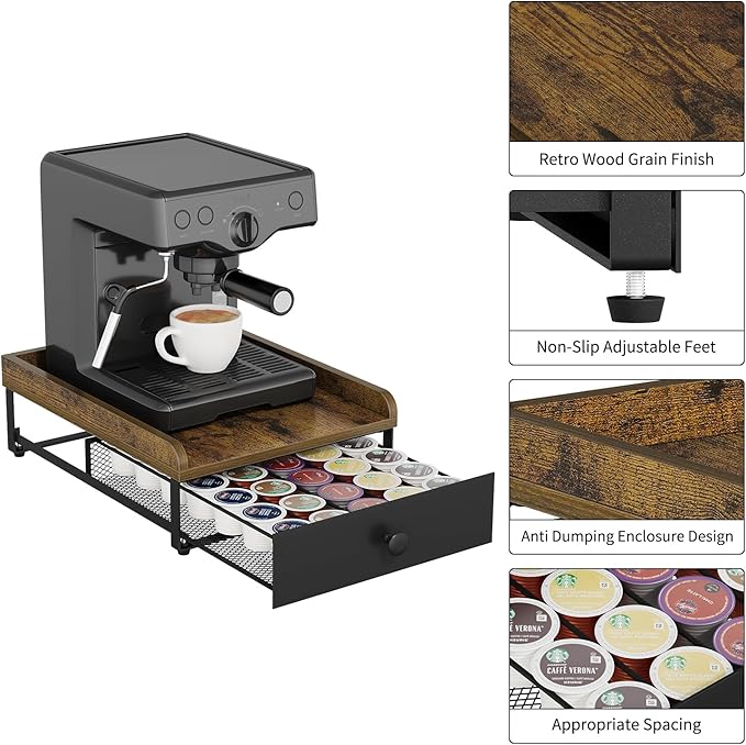 YINMIT Coffee Pod Holder Drawer, Wood K Cup Holder for Counter, Coffee Pod Organizer for K Cup, 35 Capacity Capsule Pods Storage K Cup Drawer Organizer with Sliding Baskets for Home, Kitchen, Retro