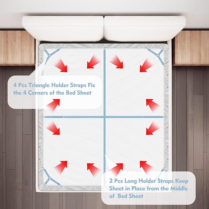 Bed Sheet Holder Straps, 4+2 Pcs Adjustable Mattress Sheet Clips, Bed Sheet Fasteners Elastic Sheet Suspenders to Keep Bed Sheet in Place for Different Beds (Blue)
