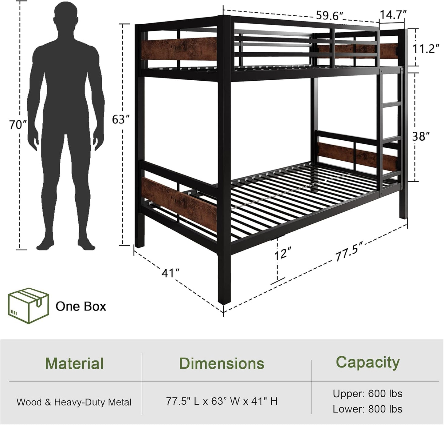 Feonase Metal Bunk Bed Twin Over Twin with Ladder and High Guardrail, Heavy-Duty Metal Slats Support, Noise Free, No Box Spring Needed, for Kids and Juniors, Vintage