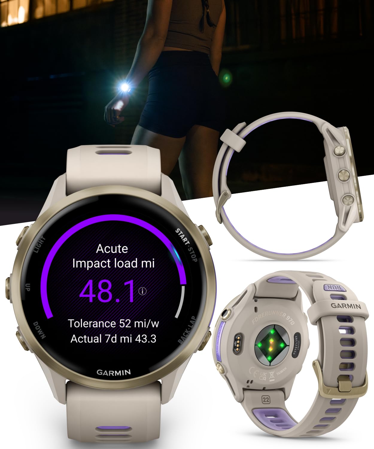 Wearable4U Garmin Forerunner 970 Soft Gold Titanium Smartwatch With French Gray Case And French Gray/Translucent Indigo Band, Am