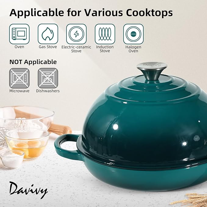 Davivy 5.5QT Enameled Cast Iron Dutch Oven with Lid, Dutch Oven for Sourdough Bread, 10" Round Sourdough Bread Oven, Bread Cloche for Bread Baking, with Silicone Bread Sling - Gradient Teal