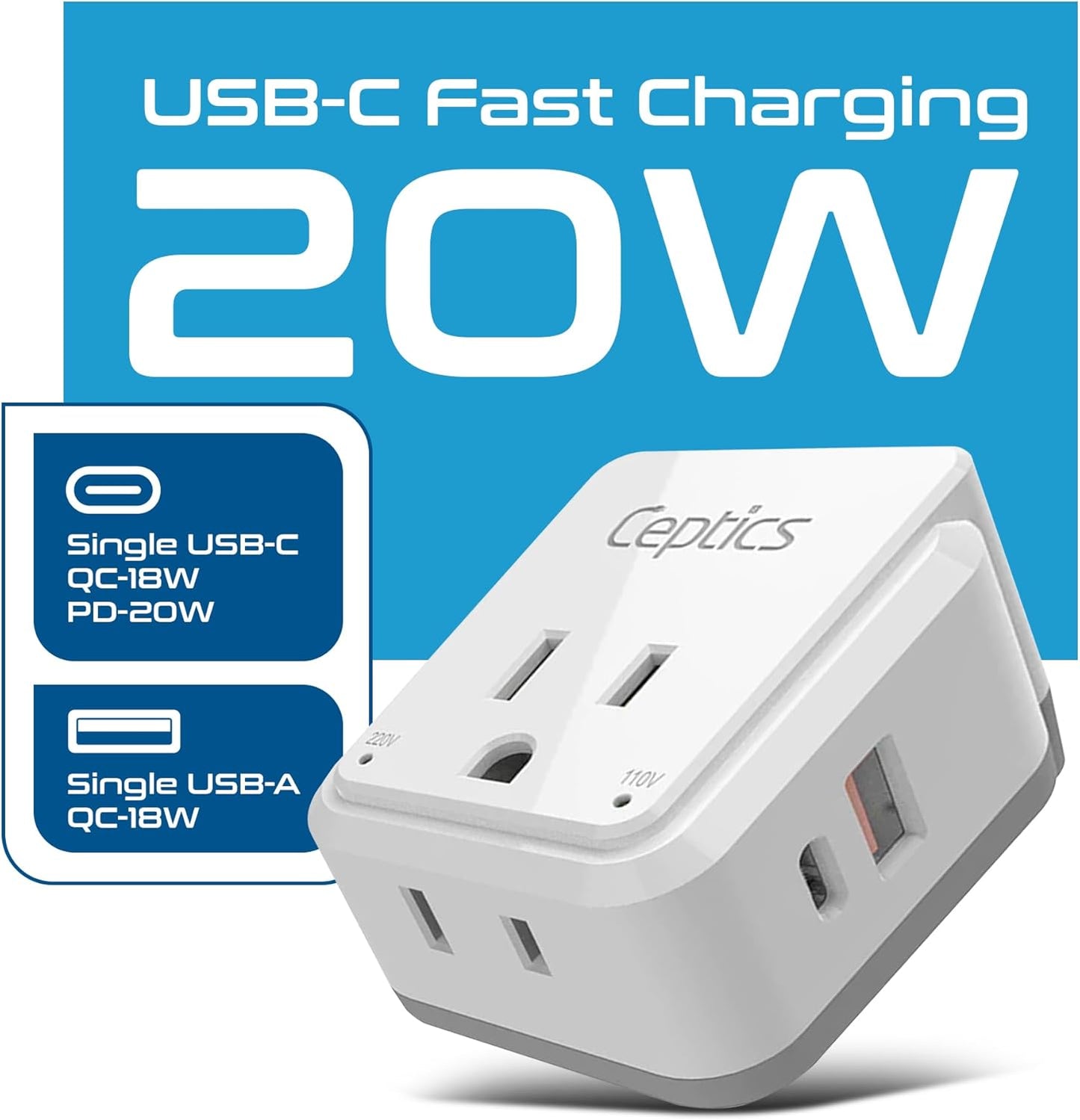 Ceptics International Power Plug Adapter Travel Set, 20W PD & QC, Safe Dual USB & USB-C 3.1A - 2 USA Outlet - Compact - Use Europe, Asia, Africa In Worldwide - Includes 13 Type SWadAPt Attachments