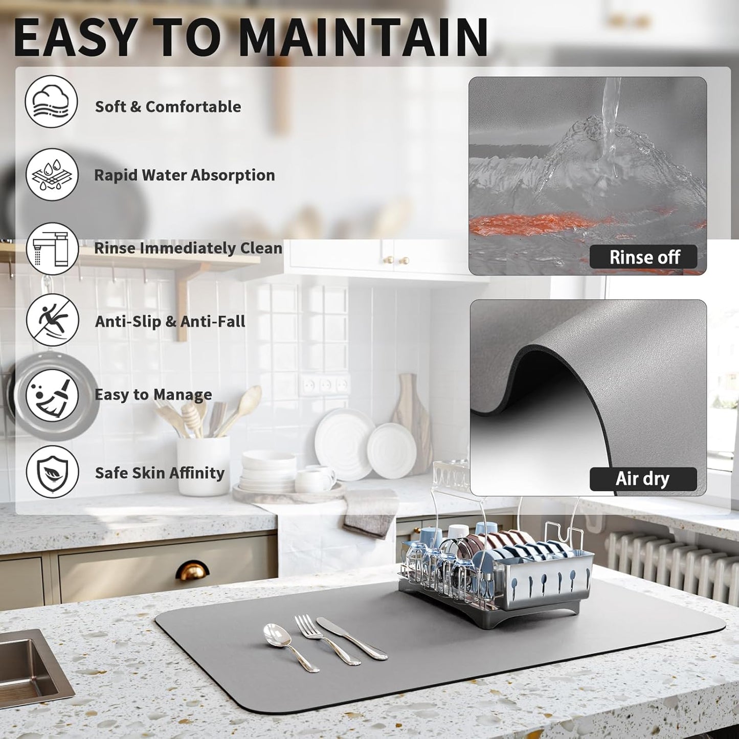 Dish Drying Mat for Kitchen Counter, Heat Resistant Drainer Mats with Non-slip Rubber Backed, Hide Stain Kitchen Super Absorbent Draining Mat, Easy to Clean Dish Rack Pad, Grey 18"x28"