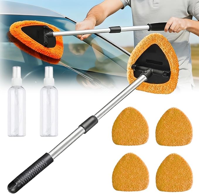 Car Windshield Cleaning Tool Set, Interior Exterior Auto Glass Cleaner Kit with Extendable Handle and 4 Reusable Microfiber Pads for Cars Trucks and Home (Orange)