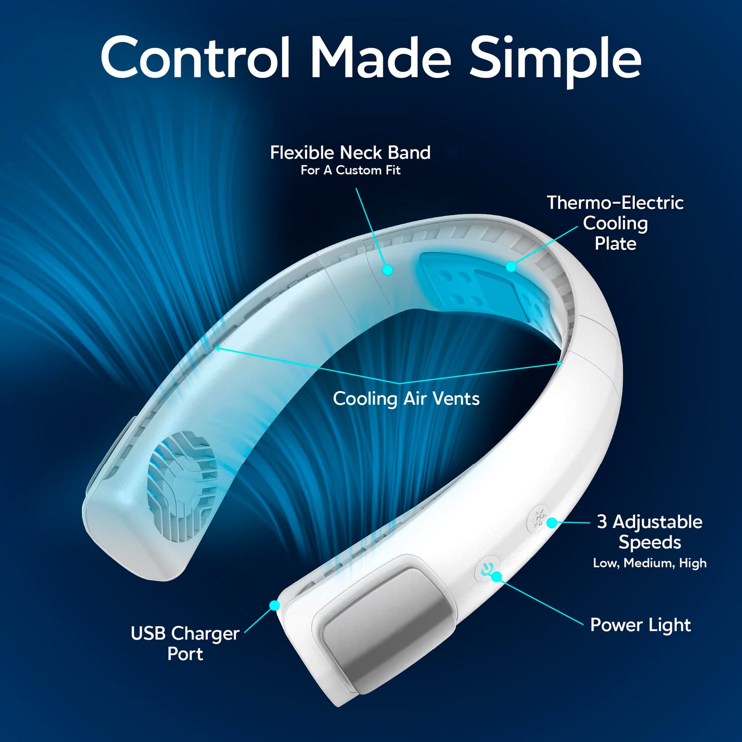 Arctic Air Freedom Touch Personal Neck Fan, 3-Speed Rechargeable Cooling Device, Long-Lasting, Lightweight Portable Neck Cooler,