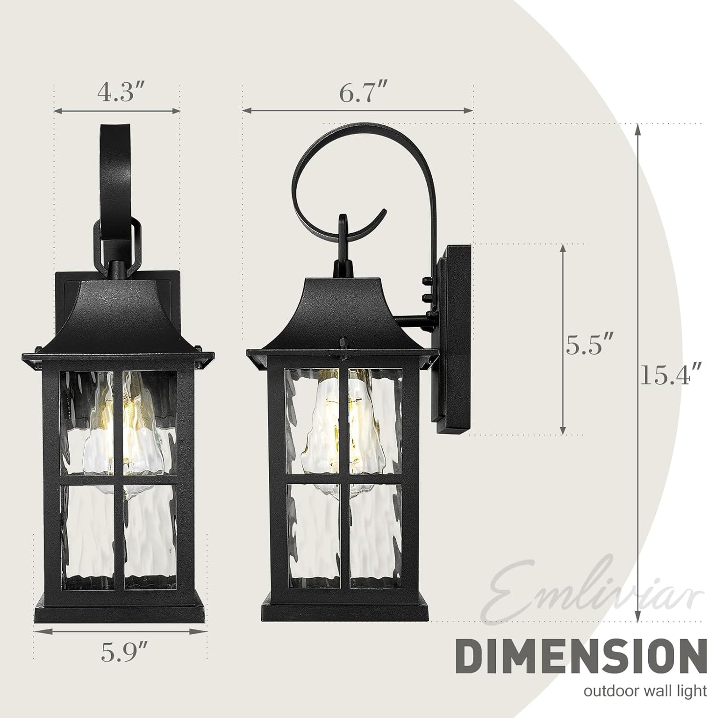 Emliviar 2 Pack 15.4 Inch Porch Lights Outdoor, Water Ripple Glass Shade Wall Sconce Lantern in Black Finish, E26 Socket Wall Lanterns for House, YXE306B-2PK BK-SW