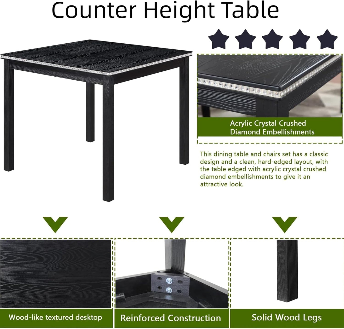 Dining Table Set for 4, 5-Piece Dining Room Table Set with Square Crystal Decoration Table & 4 Upholstered Backrest Chairs, Counter Height Kitchen Sets with Faux Wood Grain Design, Black
