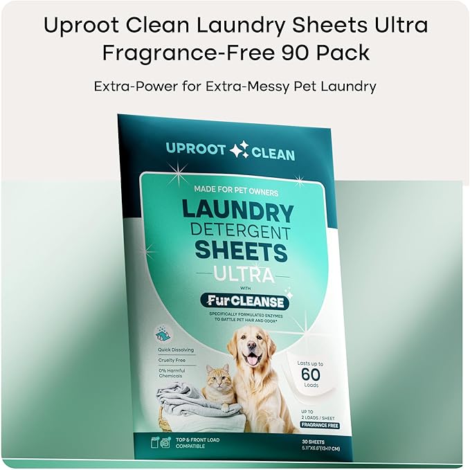 Uproot Clean Laundry Sheets Ultra - 90 Pack - Fragrance-Free: Extra-Large Enzyme-Powered Laundry Detergent Sheets Made in USA - Eliminate Clinging Fur, Pet Odors, & Messy Residue - Up to 180 Loads