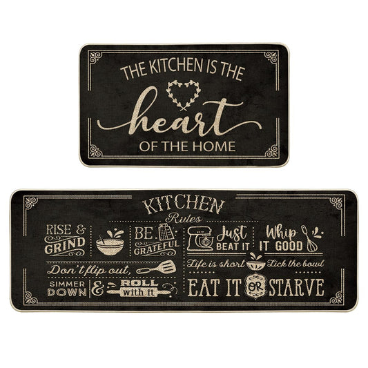 Artoid Mode Black Cooking Sets Kitchen Mats Set of 2, Seasonal The Kitchen is The Heart of The Home Holiday Party Low-Profile Floor Mat for Home Kitchen - 17x29 and 17x47 Inch