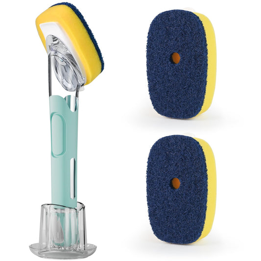 Dish Brush with Soap Dispenser Storage Set with 2 PCS Sponge Refills & Holder, Soap Dispensing Dish Brushes, Sponge with Soap Dispenser Handle, Dish Sponges with Handle for Dishes Pans Pots Sink