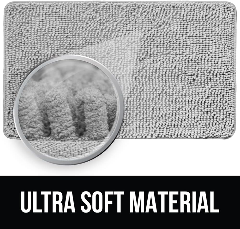 KANGAROO Bathroom Rugs, Chenille Soft Absorbent Bath Rug, Shaggy Shower Mat, Quick Dry Machine Wash Bathmat, Plush Carpet Mats for Tub, Bathtub and Room Home Decor Accessories, 24x17, Light Gray