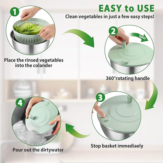 Salad Spinner Stainless Steel, 5.3-Quart Lettuce Washer Spinner for 2–3 Servings, Large Vegetable&Fruit Wash Bowl with Strainer, Includes 5-Blade Slicer — Perfect Salad Making Tool for Healthy Eaters