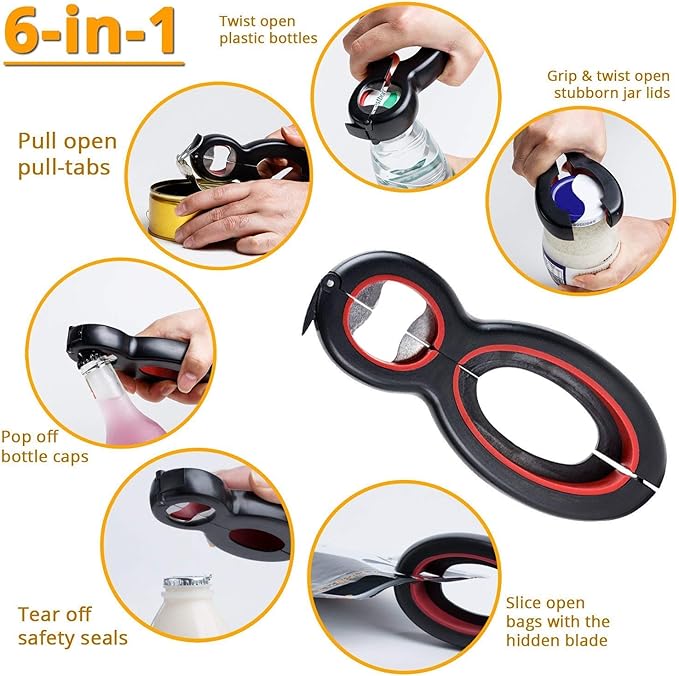 Bottle Opener Set, 5-in-1 and 6-in-1, Can, Soda, and Jar Openers, Twist Off Lid – Jar Opener for Seniors and Arthritic Hands (2pcs) (Black Red)