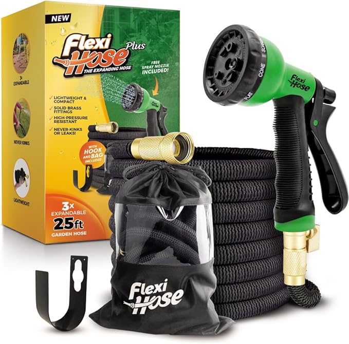 Flexi Hose Plus Expandable Garden Hose with 8 Function Nozzle, 25FT - Lightweight Retractable Garden Hose, Water Hose - No-Kink Flexibility, 3/4 Inch Solid Brass Fittings Includes Hook & Bag
