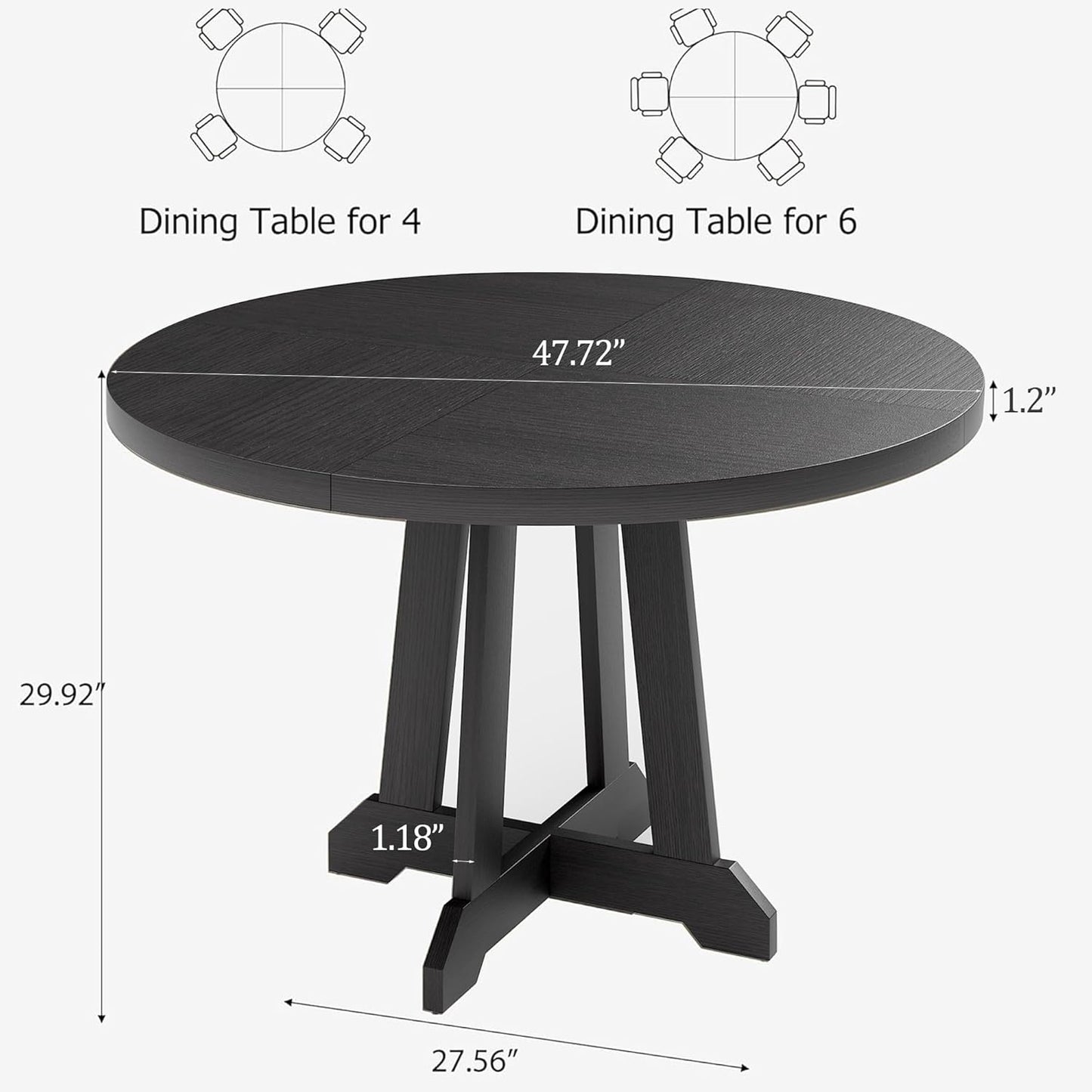 Round Dining Table for 4, 47 Inch Wooden Circle Dinner Table with Sturty Legs, 4 Parts of Tabletop, Round Pedestal Kitchen Tables for Dining Room, Kitchen, Living Room, Brown
