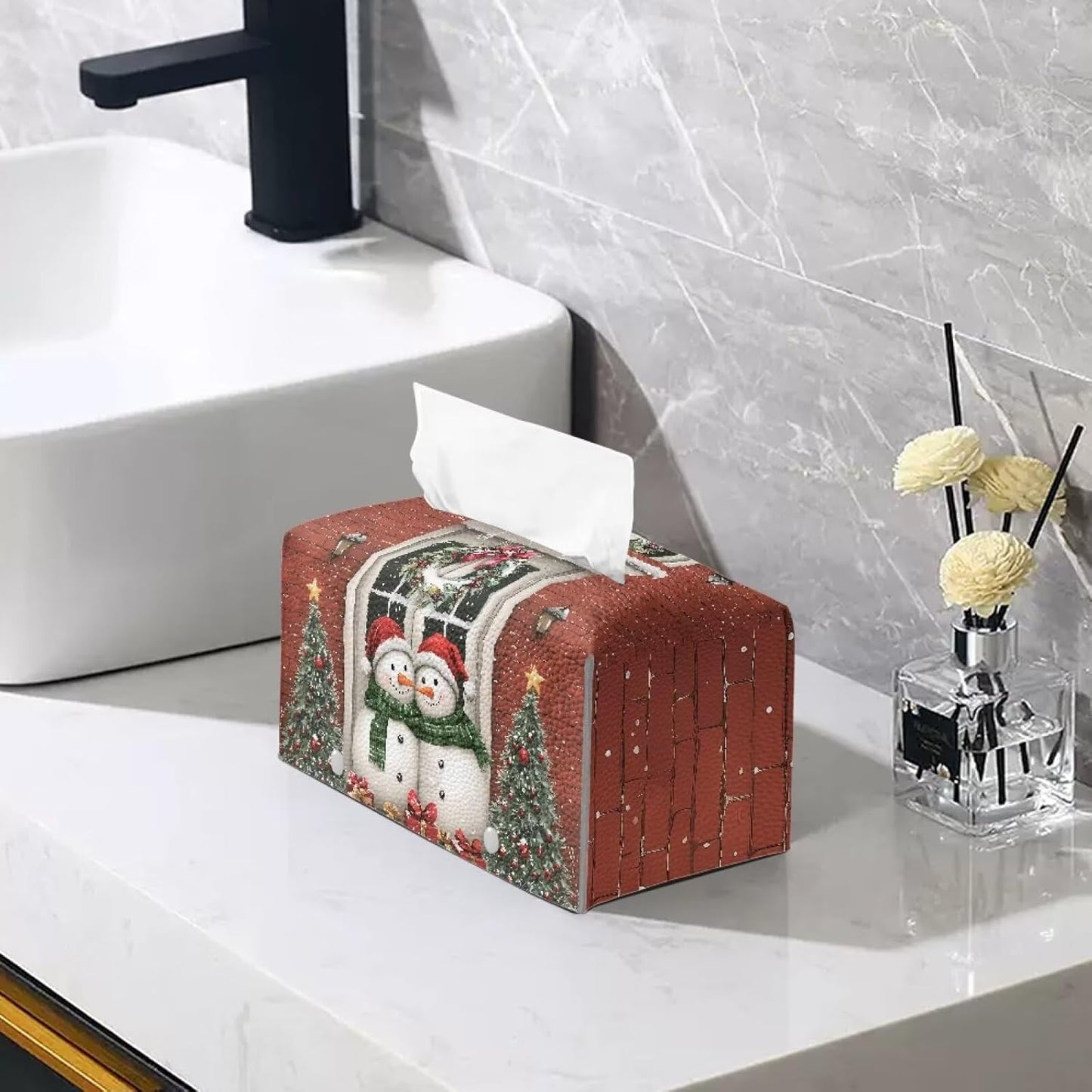 Christmas Cute Tissue Box Cover Snowman Tissue Box Rectangle Soft Leather Tissue Box with Bottom Belt for Table Desk Countertop Decorations for Home