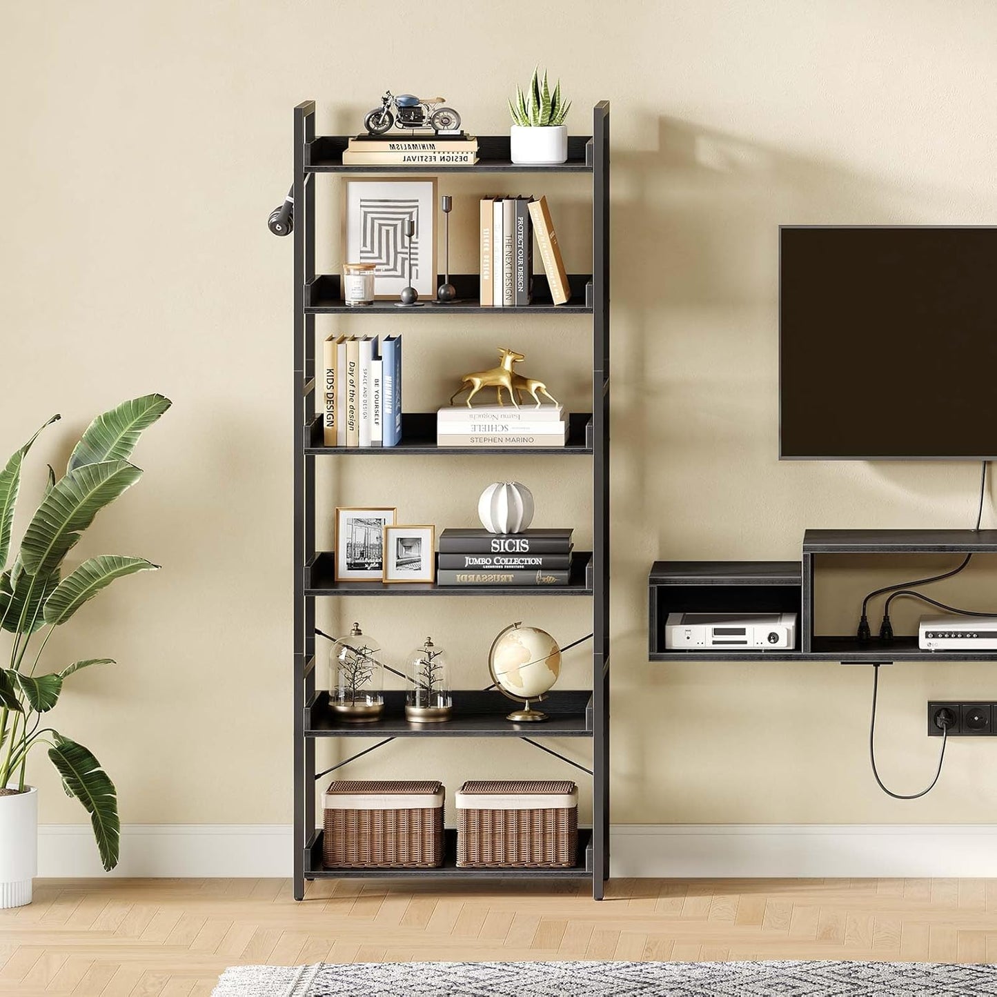 Rolanstar Bookshelf 6 Tier with 4 Hooks, Industrial Bookcase, Vintage Storage Rack with Open Shelves, Rustic Standing Bookshelves Metal Frame Display Rack for Living Room, Bedroom, Black