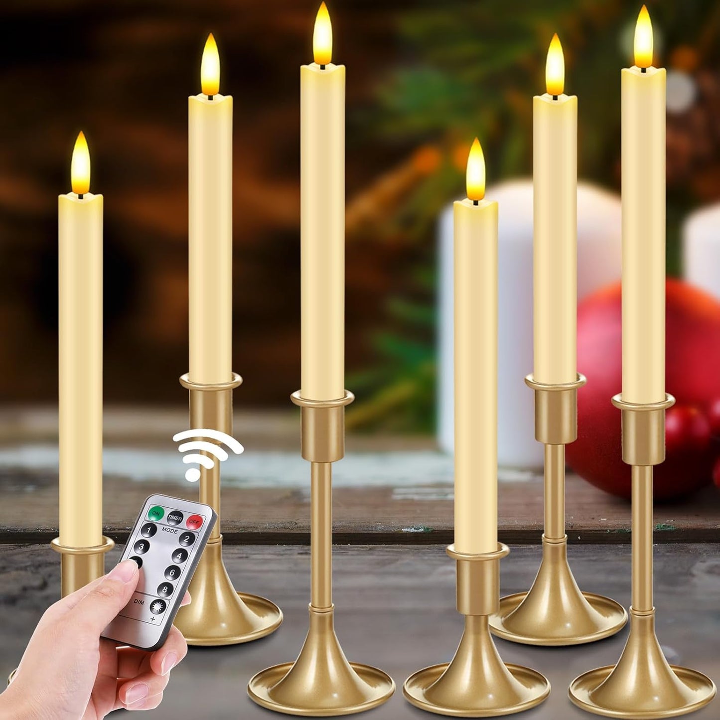 Retisee 6 Pack Taper Candles Holder Set, Candlestick Holders and 10 in Led Taper Candles with Remote Timer Flameless Candles for Holiday Wedding Table Decor(Ivory)