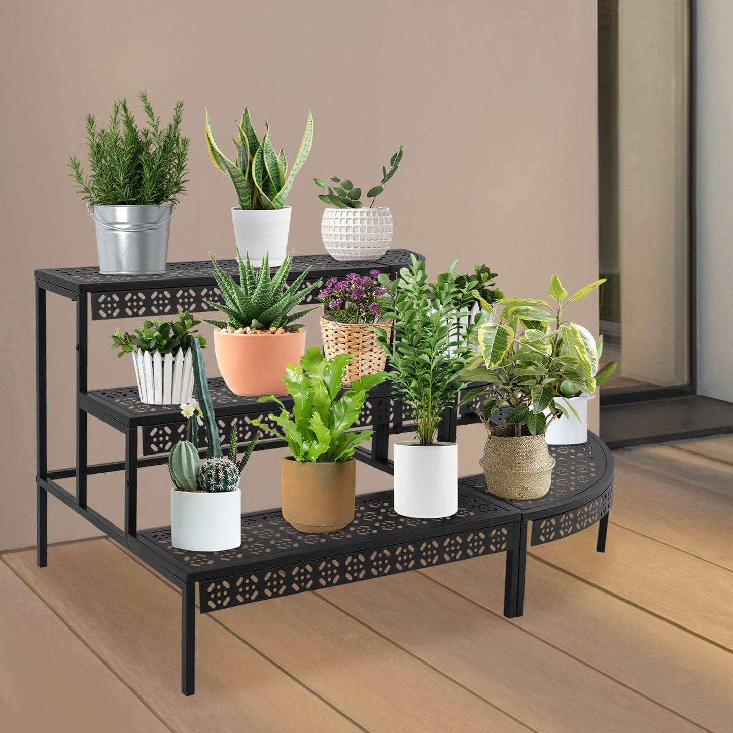 BAIODNB 3 Tier Plant Stand Semi-Circular Flower Pot Organizer Rack, Quarter Round Plant Display Holder Outdoor Storage Shelves, Metal Corner Shelf Planter Shelving Ladder Plant Stand for Indoor Use
