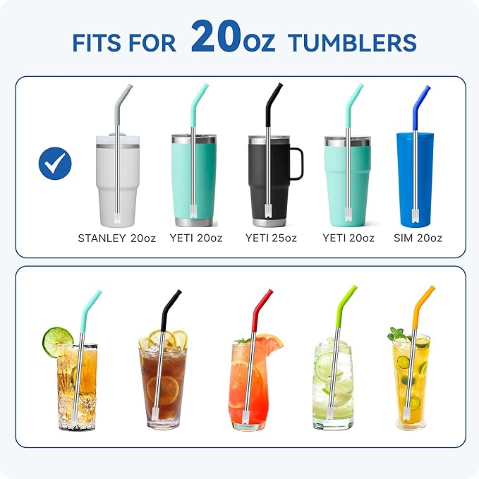 Reusable Metal Straws with Silicone Tip for Stanley 20oz,Stainless Steel Drinking Straws for 20oz Tumbler,3 Straight Tubes & 6 Tips& 1 Cleanr Brush(Jade)