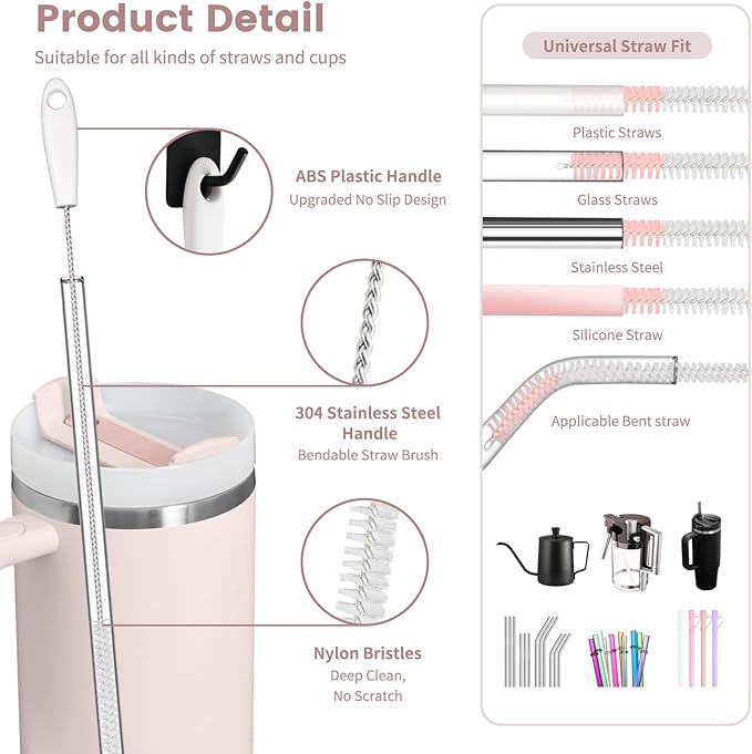 Straw Cleaner Brush Set, 4 Sizes (6/8/10/12mm) & 3-in-1 Lid Brush, 15-inch Extra Long Bristles for Deep Cleaning, Fit for Stanley and Reusable Straws (Pink)