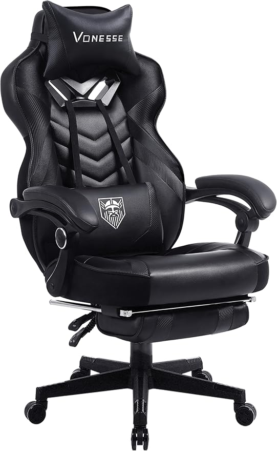 Vonesse Gaming Chair, Big and Tall Office Chair with Footrest and Massage, Gaming Chairs for Adults with Lumbar Support, Ergonomic High Back Computer Desk Chair with Pocket Spring Cushion (Black)