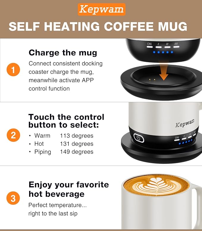 Kepwam Self Heating Coffee Mug T1-16oz Fast Heating & Ultra Long-Lasting Battery Life, Heated Coffee Mug Up to 149℉ - Touch & App Controlled Coffee Mug, Birthday Gifts for Women and Men