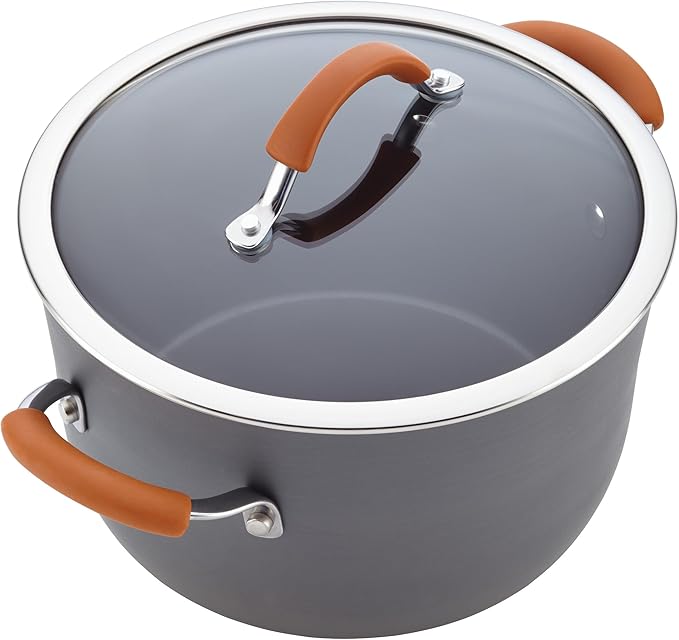 Rachael Ray Cucina Dishwasher Safe Hard Anodized Nonstick Cookware Pots and Pans Set, 12 Piece, Gray with Orange Handles