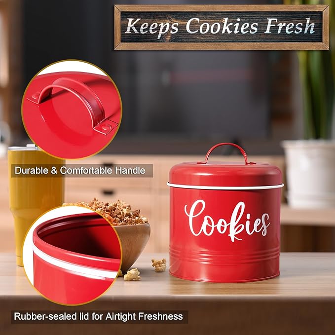 Farmhouse Cookie Jar for Kitchen Counter, 1 Gallon Vintage Cookie Jar with Airtight Lid, Large Food Storage Container for Candy, Cookies, Dessert, Red Kitchen Decor and Accessories