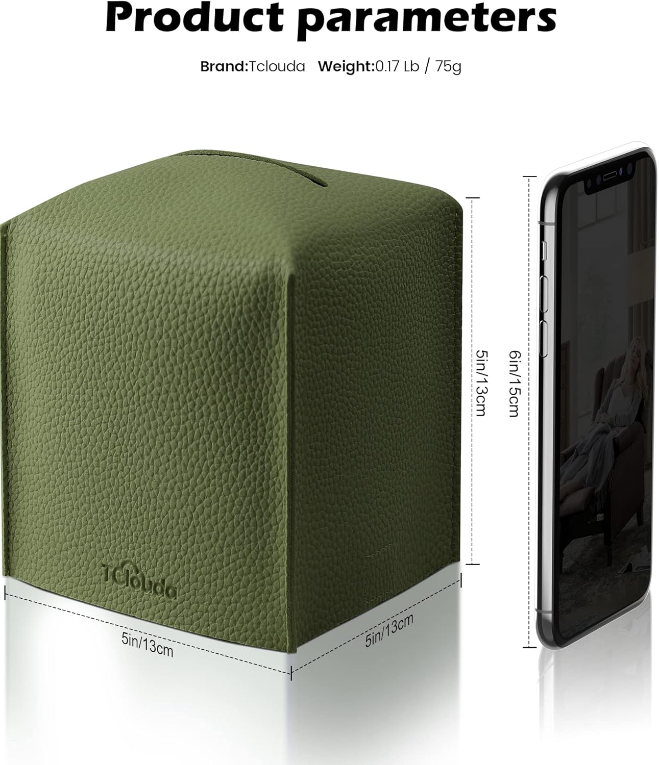 Tissue Box Cover for PU Leather, Modern Simple Solid Color Holder Square Tissue Bag, Ideal for Bathrooms,Office,Car,Nightstand,Outdoor Tent,Dining Table,5"X5"X5", Double Green
