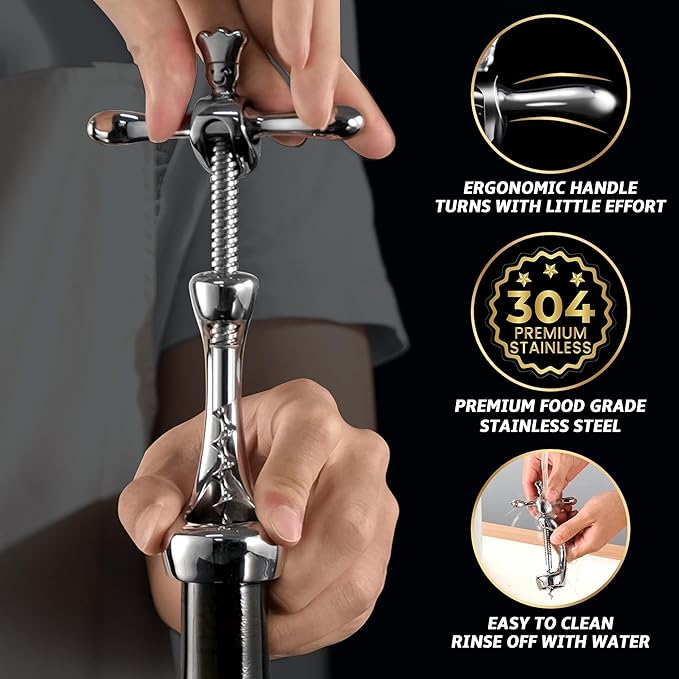 Wine Opener Deluxe, Heavy-Duty Bottle Opener for Easy Cork Removal, Manual Corkscrew for Smooth & Effortless Intact Wine Corks, Premium Corkscrew for Waiters, Bartenders & Home Use