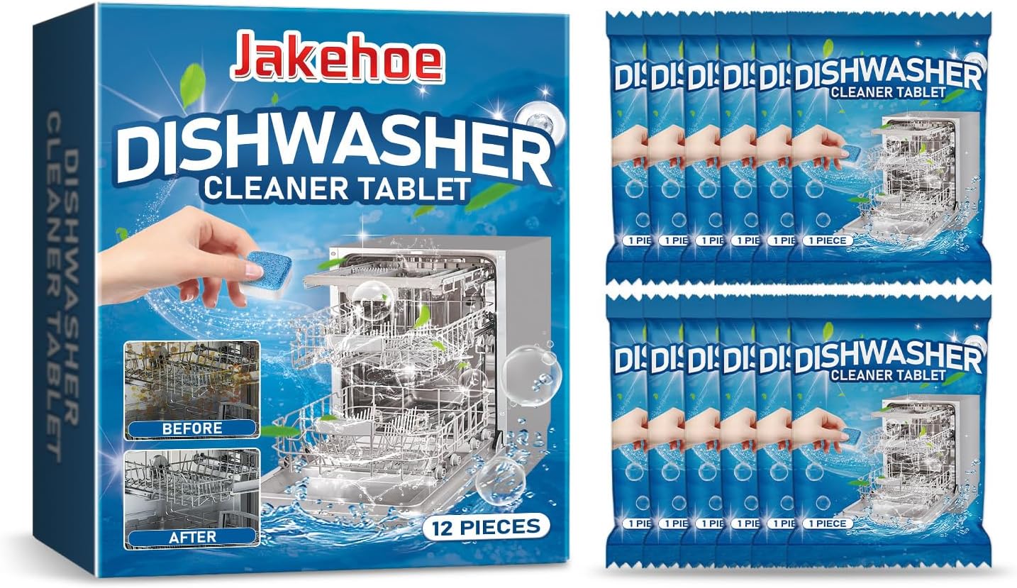 Dishwasher Cleaner and Deodorizer Tablets, 12 Pack Deep Cleaning Descaler for All Dishwasher Machines, Septic Safe, Lemon Scent, 12 Month Supply